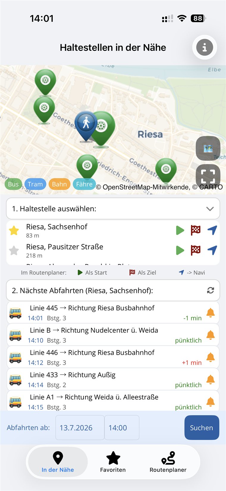 Haltestellen in der Nähe mit Live-Abfahrten