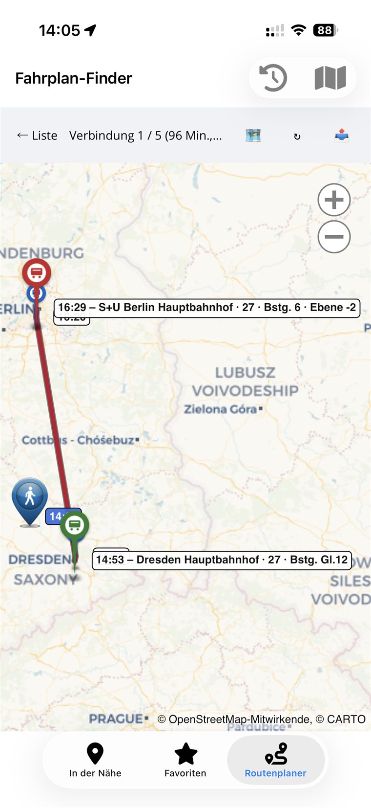 Fahrtverlauf mit allen Zwischenhalten auf der Karte