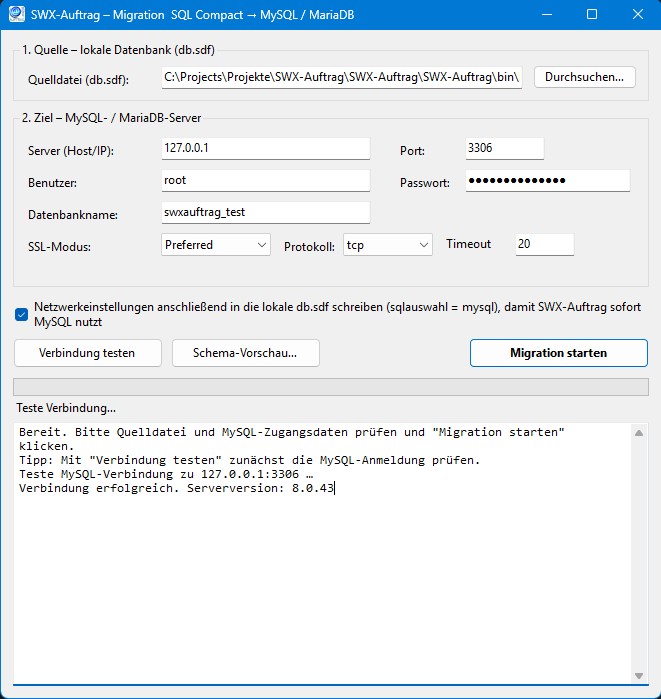 Screenshot der SWX-Auftrag MySQL-Migration